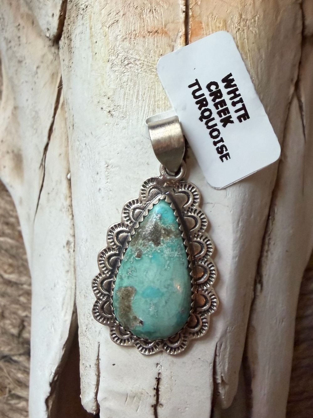 White Creek Turquoise Teardrop Necklace with Sterling Silver Scalloped